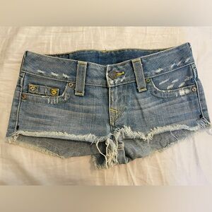 True Religion Distressed Denim Cutoff Shorts in Light Blue